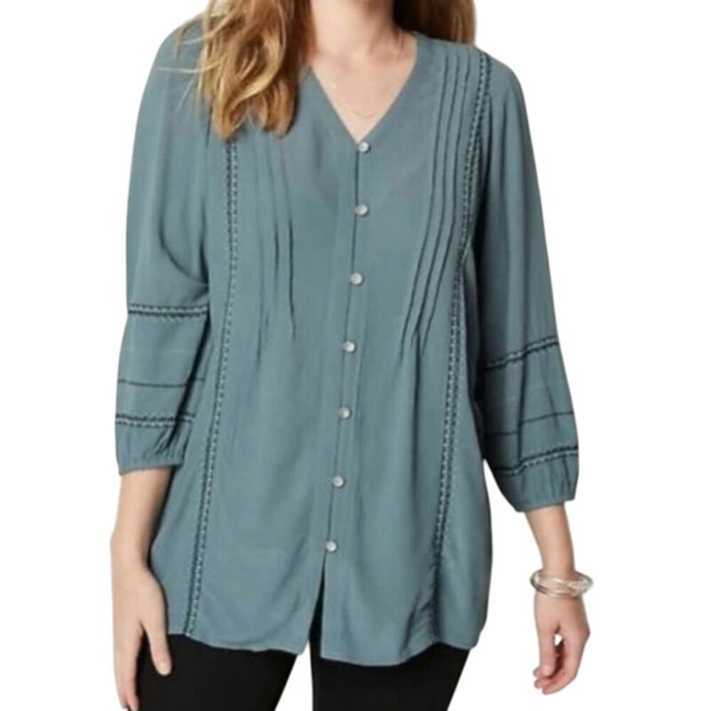 NWT J. Jill Embroidered Pintuck Button Front Tunic in Blue Spruce